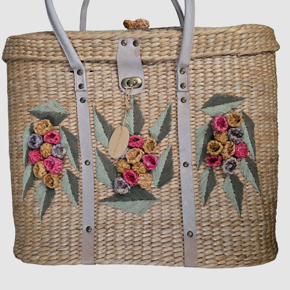 Straw Studios Floral Raffia Woven Seagrass Tote Basket Beach Bag Handbag 16 x 14